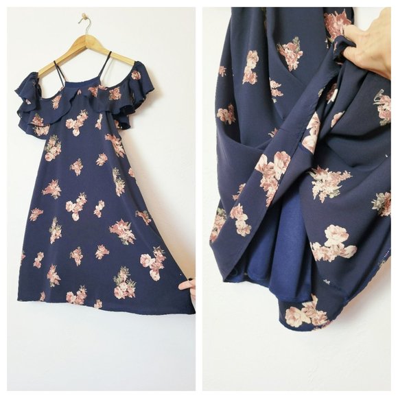 I Joah Tent Dress Navy Blue and Blush Pink Floral Cold Shoulder Knee Length - Picture 6 of 11